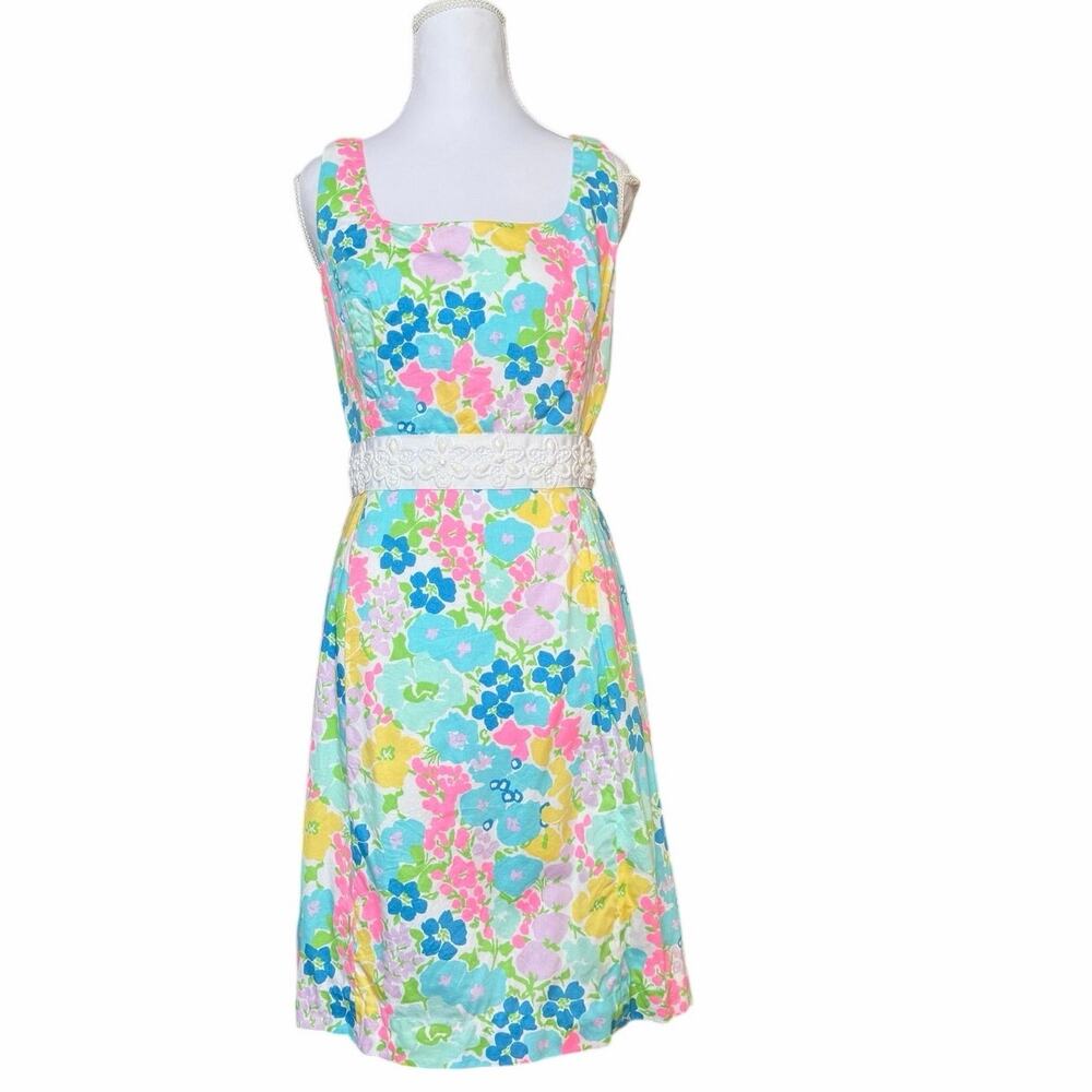 Lilly Pulitzer Floral Shift Dress Womens 4 Pink Blue Sleeveless Lace Waist